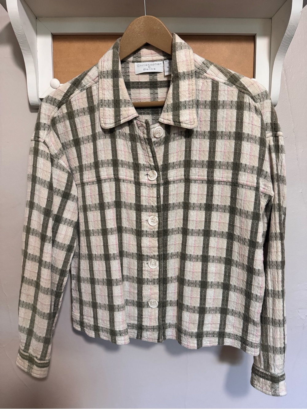 Christopher & Banks Cream and Olive Plaid Button-Front Shirt Jacket